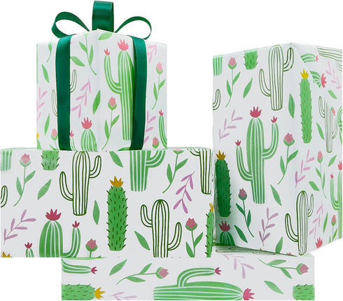 Cactus Wrapping Paper, Green Cacti with Pink Yellow Flowers, 19.7x27.5 Inch Folded Flat for DIY Craft