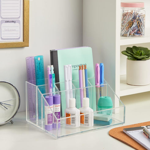 STORi Chloe Clear Plastic Stackable Vanity Makeup Organizer, 6-Compartment Holder for Cosmetics and Beauty Supplies