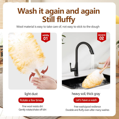 Lambswool Duster for Cleaning, 19.6 inch Natural Feather Duster with Solid Wooden Handle, Leather Hang Strap, 2 Pack