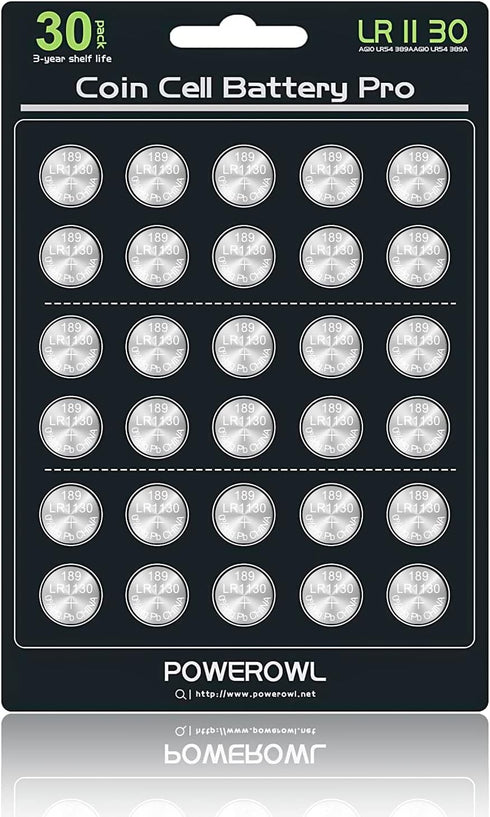 POWEROWL High Capacity LR1130 AG10 Batteries, 30 Pack, Premium Alkaline 1.5V
