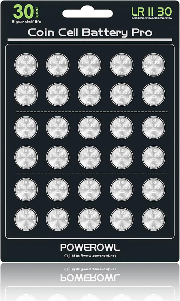 POWEROWL High Capacity LR1130 AG10 Batteries, 30 Pack, Premium Alkaline 1.5V