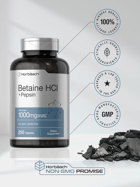 Horbaach Betaine HCl with Pepsin: 1000mg, 250 Tablets, Hydrochloride Supplement with Ginger Root, Non-GMO, Gluten-Free