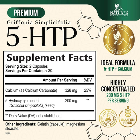 5 HTP Supplement Capsules 200 mg 5HTP Plus Calcium for Brain Mood and Sleep Support - Extra Strength 5-HTP Formula - 5 Hydroxytryptophan - Natural, Vegetarian, Gluten Free & Non-GMO - 60 Count