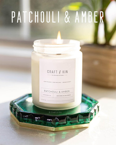 Craft & Kin Patchouli & Amber Scented Candle | 8 Oz, 45 Hour Long Lasting Classic Soy Spring Scented Candles