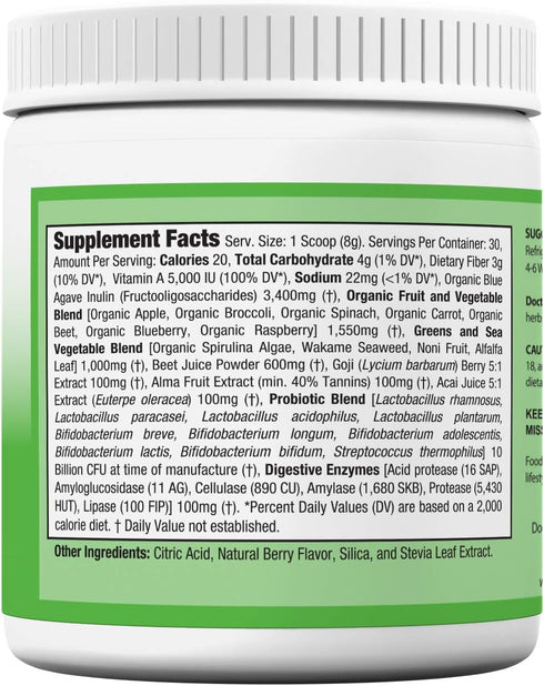 Doctor Recommended Greens Powder – Whole Food Nutritional Supplement – Berry Taste – Probiotics & Digestive Enzymes –
