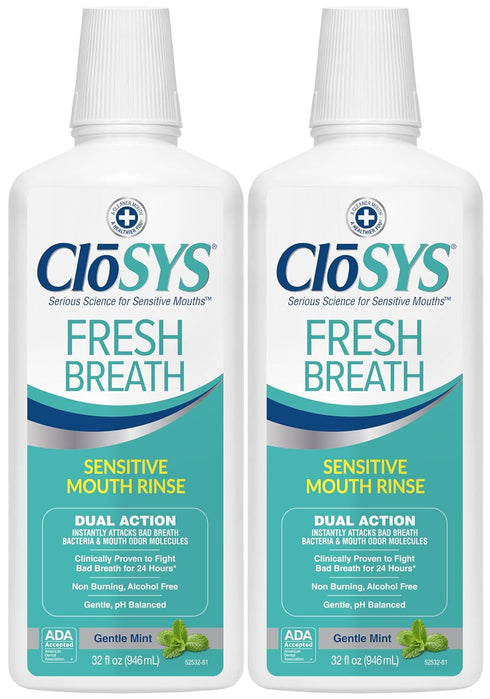 CloSYS Sensitive Mouthwash, 32 Ounce, 2 Count - Gentle Mint, Alcohol Free, pH Balanced, Fights Bad Breath