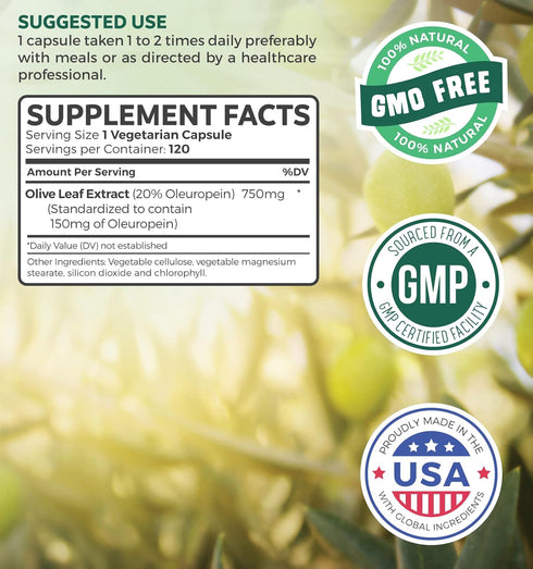 Olive Leaf Extract (Non-GMO) Super Strength: 20% Oleuropein - 750mg - Vegetarian - Immune Support Supplement, Skin Health, and Powerful Antioxidants Supplement - No Oil or Liquid - 120 Capsules