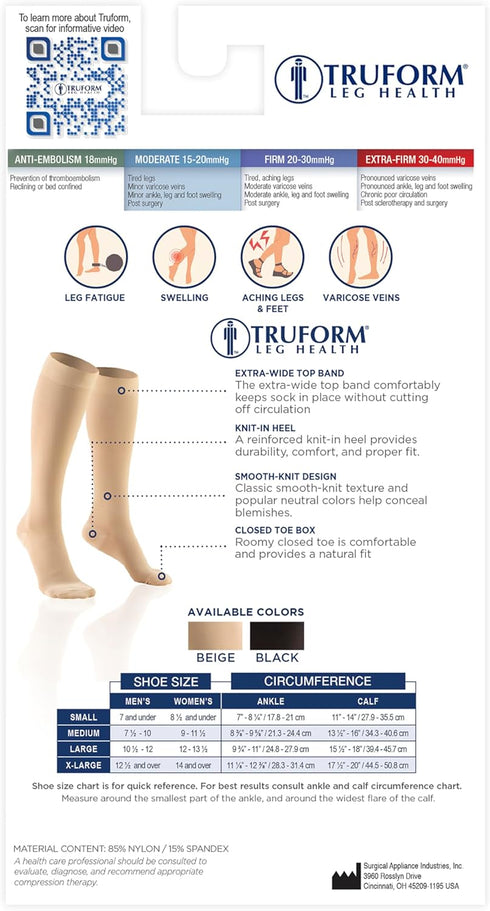 Truform 15-20 mmHg Compression Stockings for Men and Women, Knee High Length, Closed Toe, Medium, Black