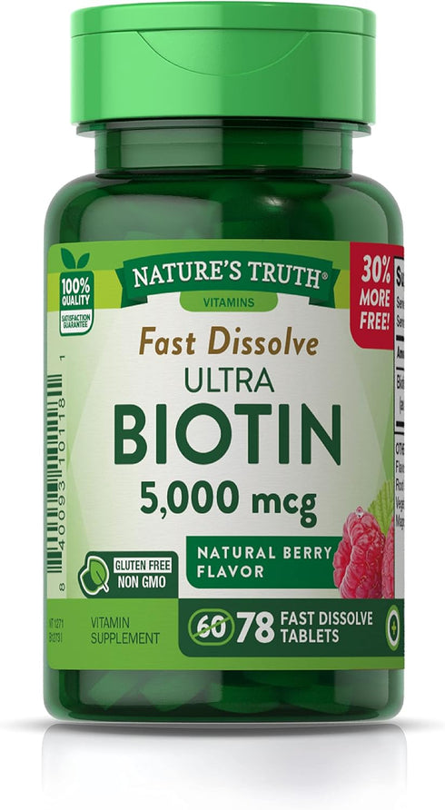 Nature's Truth Ultra Biotin 5000mcg, 78 Fast Dissolve Tablets for Hair, Skin & Nails, Natural Berry Flavor