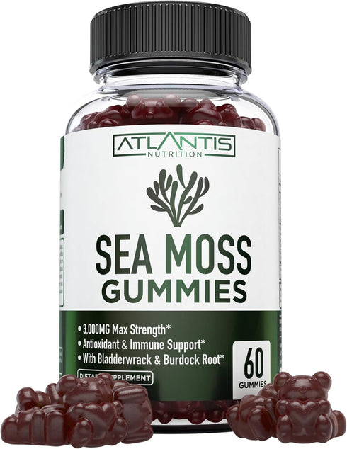 Irish Sea Moss Gummies 3000MG - 60 Gummies with Irish Sea Moss, Bladderwrack & Burdock Root for Essential Vitamins