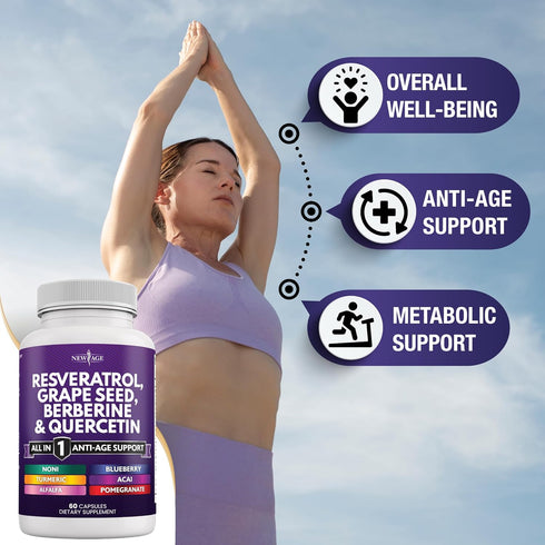 NEW AGE Resveratrol 6000mg, Berberine 3000mg, Grape Seed Extract 3000mg, Quercetin 4000mg - 180 Capsules Supplement