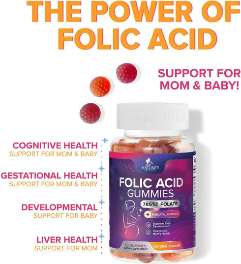 Gummies 785 Gummy, B9 60 Gummies Folic Acid for Women - Folate mcg Per Serving - Essential Prenatal Vitamins for Mom