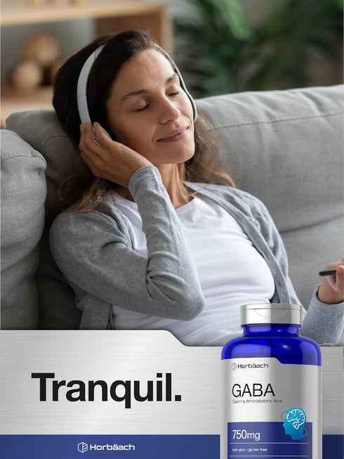 Horbaach GABA 750mg, 180 Capsules, Non-GMO, Gluten Free, Gamma Aminobutyric Acid Supplement