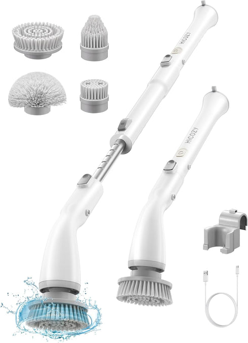 HiCOZY Electric Spin Scrubber HS1, Cordless Shower Cleaning Brush with 4 Replaceable Heads & Adjustable Handle,