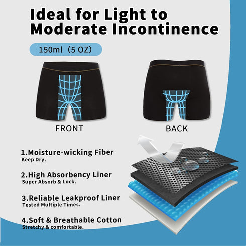 PurityLock 120ml (3PCS, 4XL, Men's Washable Incontinence Boxer Briefs, Cotton Urinary Incontinence Underwear with Fly