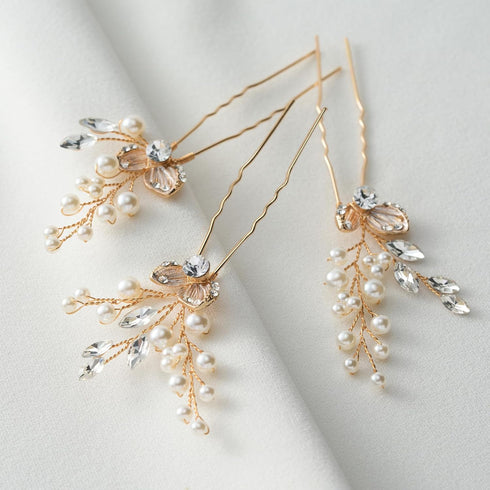 SWEETV Hair Pins, 3Pcs Bridal Hair Accessories, Pearl Wedding Hair Pins, Leaf Bridal Head Piece for Women
