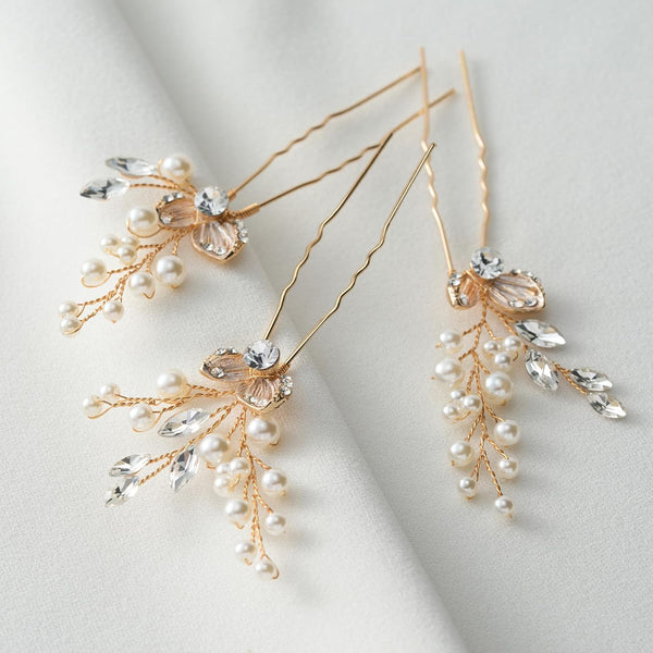 SWEETV Hair Pins, 3Pcs Bridal Hair Accessories, Pearl Wedding Hair Pins, Leaf Bridal Head Piece for Women