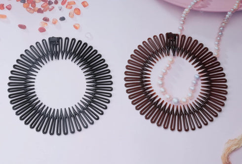 Sowaka 4 Pcs Circular Stretch Comb, Black Brown Flexible Hair Wrap Holder for Women Girls Sports Accessories