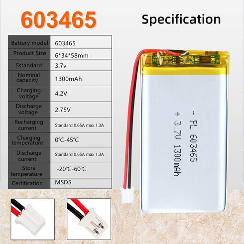 3.7V 1300mAh Lipo Battery Pack with JST Connector, Rechargeable Lithium Polymer Ion 603465