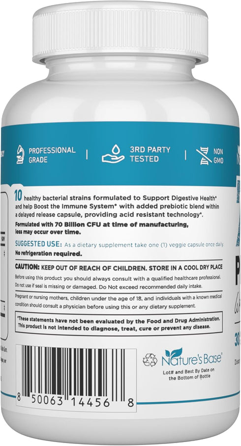 Probiotic Supplement 70 Billion CFU, 10 Strains, 30 Vegan Capsules