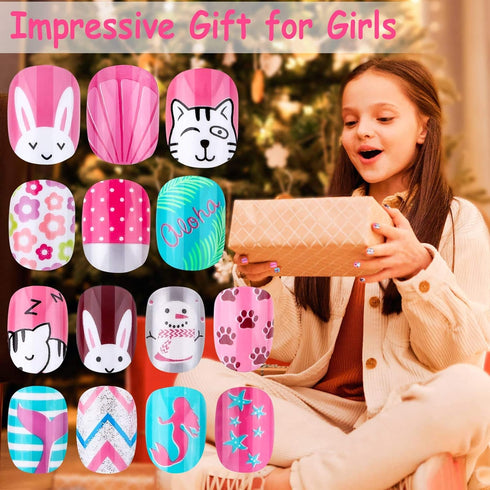Kids Press on Nails, Thrilez 144Pcs Girls False Nails, Pre Glue Stick on Short Nails Decoration Gift for Ages 7-12