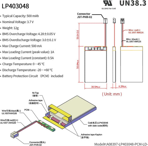 EEMB 3.7V Lipo Battery 500mAh 403048 Lithium Polymer ion Battery Rechargeable Lithium ion Polymer Battery with JST Connector Make Sure Device Polarity Matches with Battery Before Purchase!!!