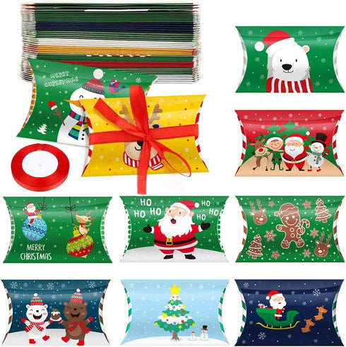 CCINEE Christmas Pillow Boxes - Xmas Candy Boxes with Red Ribbons, Santa Elk Gift Card Holder, 50PCS