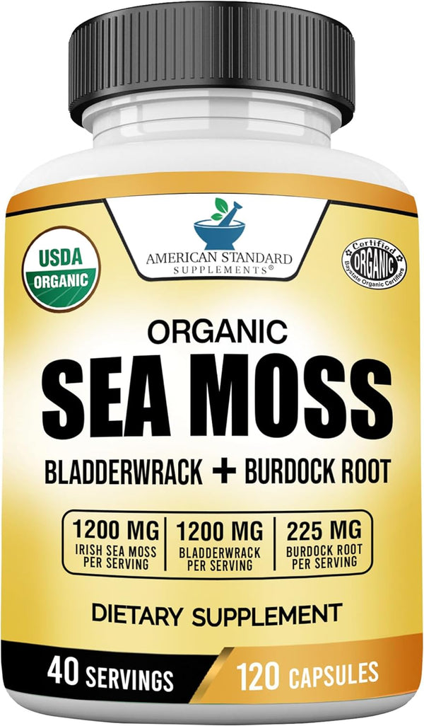 American Standard Supplements Organic Sea Moss, Bladderwrack & Burdock Root Capsules, 1200mg, 120 Capsules