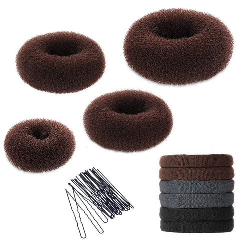 YaFex Hair Bun Maker Kit, 4 Pieces (Large, Medium, Small) with 6 Elastic Hair Ties & 20 Bobby Pins