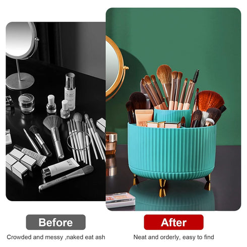 360 Rotating Makeup Brush Organizer, Blue Spinning Countertop Holder with 5 Sections for Cosmetics, Nail Polish, Art