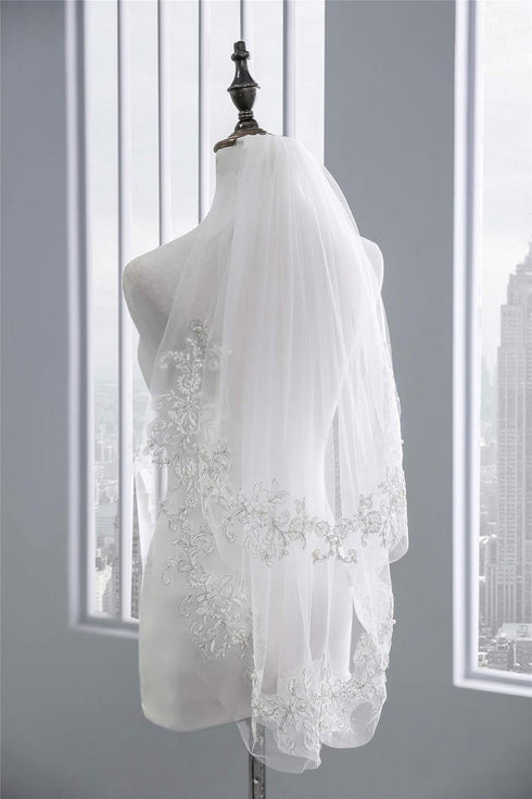 Kercisbeauty 2 Tiers Wedding Bridal Lace Double Layer Veil with Hair Comb, Flower Lace and Pearl Chapel Accessories
