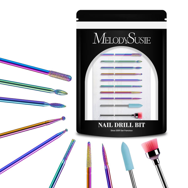 MelodySusie Nail Drill Kit, 10pcs 3/32 Inch Diamond Cuticle Bits, Manicure Pedicure Tools, Rainbow
