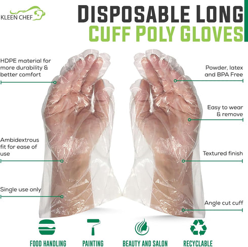 Disposable Long Cuff Cleaning Poly Gloves, One Size Fits Most, Small to X-Large