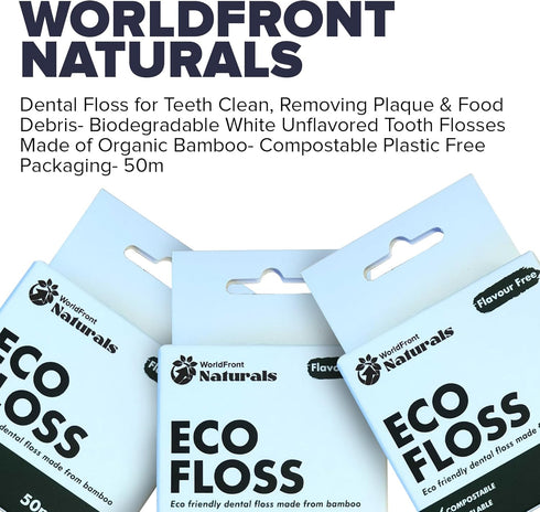 Naturals Dental Floss - Biodegradable White Unflavored Tooth Floss Made of Organic Bamboo, 50m