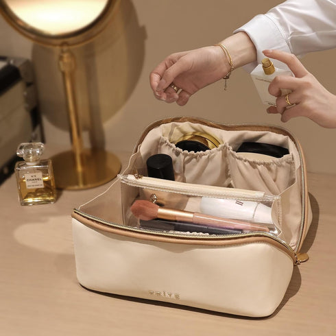 Large Capacity Cosmetic Bag for Women Portable Waterproof PU Leather Makeup Bag Open Flat Makeup Organizer With Clear Divider and Handle(Beige)