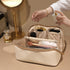 Large Capacity Cosmetic Bag for Women Portable Waterproof PU Leather Makeup Bag Open Flat Makeup Organizer With Clear Divider and Handle(Beige)