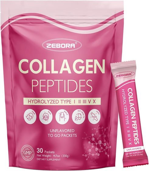 ZEBORA Collagen Peptides Powder Packets with Hyaluronic Acid, Biotin, MCT - Multi Hydrolyzed Collagen for Skin, Hair,