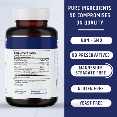 Vitamin C 1000mg Complex with L-Lysine 500mg, Zinc 12mg, Bioflavonoids 300mg for Healthy Immune System Support