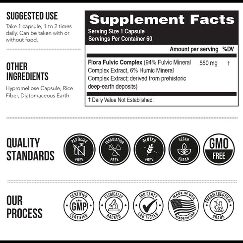 Flora Fulvic | Fulvic Acid + Humic Acid Complex – 550 mg | Immunity, Gut, Digestion Support, 60 Capsules
