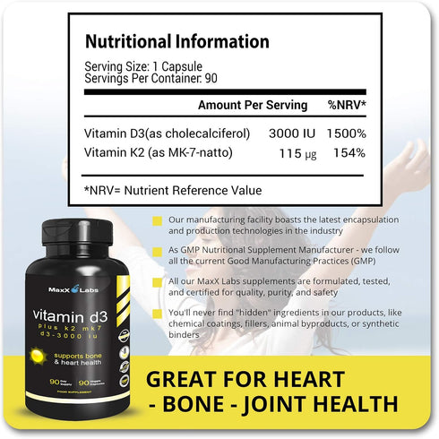 Vitamin D3 K2 3000 IU - High Potency Vitamin Supplement with MK-7 from Natto - 90 Capsules for Healthy Bones & Immune