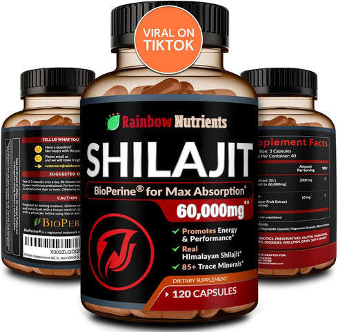Pure Himalayan Shilajit Capsules Supplement, 120 Pills - 60,000mg+ Absorption Enhancer with 85+ Trace Minerals