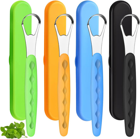 4 Pcs Stainless Steel Tongue Scraper Cleaner for Adults and Kids, Metal Tongue Brush with Travel Cases, Orange, Black,