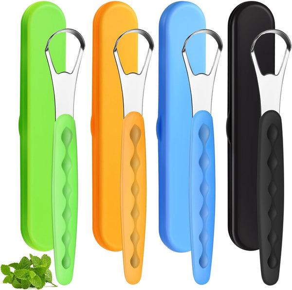 4 Pcs Stainless Steel Tongue Scraper Cleaner for Adults and Kids, Metal Tongue Brush with Travel Cases, Orange, Black,