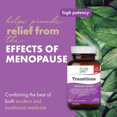 PURE ESSENCE LABS Transitions Vitamins for Women, 60 Capsules, Natural Menopause Relief Supplement for Hormone Balance