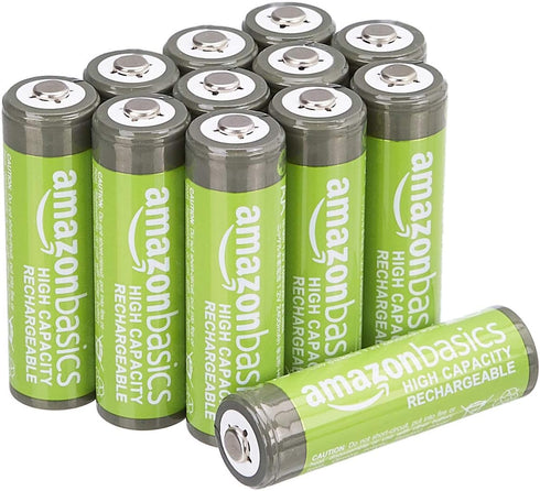 Amazon Basics 12-Pack Rechargeable AA NiMH Batteries, 2400 mAh, High-Capacity, Recharge up to 400x Times
