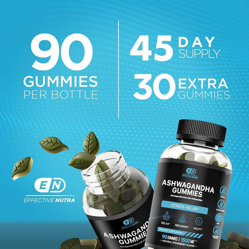 Ashwagandha Gummies 1500mg | Stress Relief, Immune Support, Calm Mood | 90 Count, Natural Strawberry Flavor