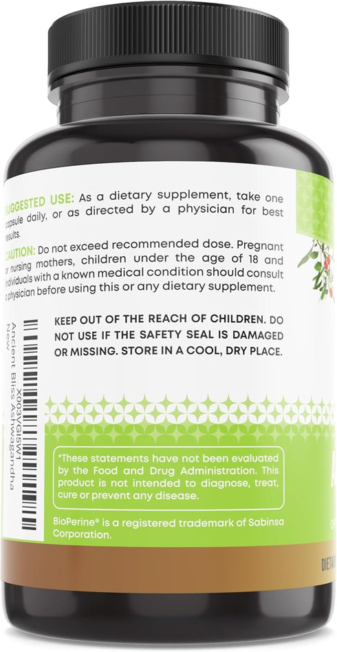 Ancient Bliss Ashwagandha Capsules with L-Theanine & Black Pepper Extract, Energy & Mood Support Supplement for Adults