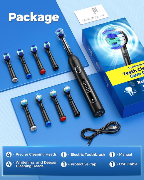 Rotating Electric Toothbrush for Adults with 8 Brush Heads, 4 Modes Deep Clean with Rechargeable Power (Black)