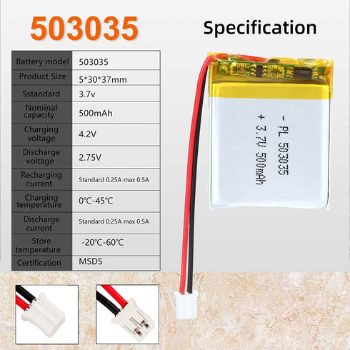 3.7V 500mAh 503035 Lipo Battery Pack with PH 2.0mm JST Connector, Rechargeable Lithium Polymer Ion Battery