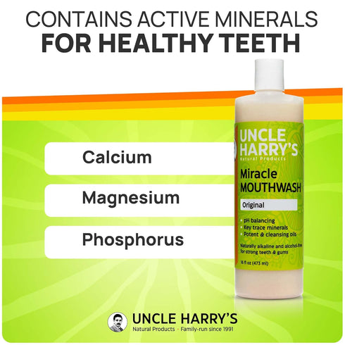 Uncle Harry's Natural Alkalizing Miracle Mouthwash - pH Balanced Oral Care for Adults & Kids - 16 fl oz - Bad Breath